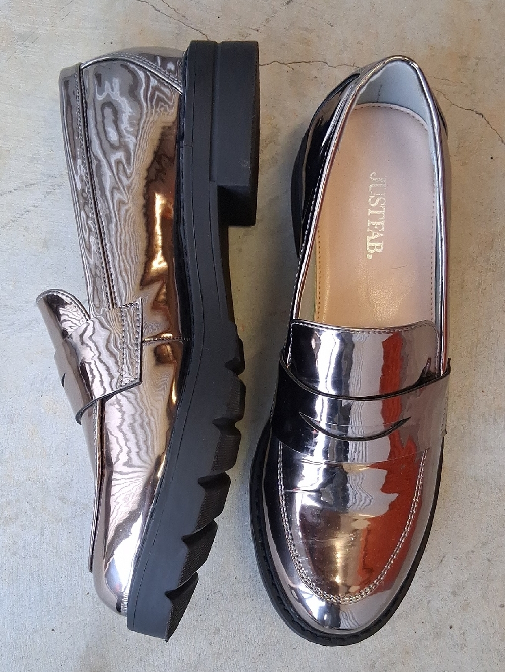 JustFab Chrome Metallic Penny Loafers with Black Lug Sole